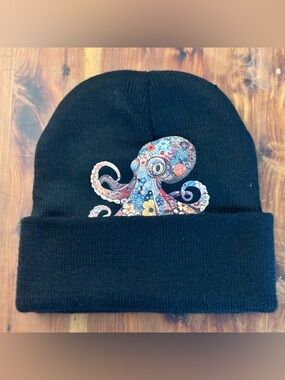 Octopus Beanie - Black Hat w/ Multi-Colored Octopus Graphic - Adult OS